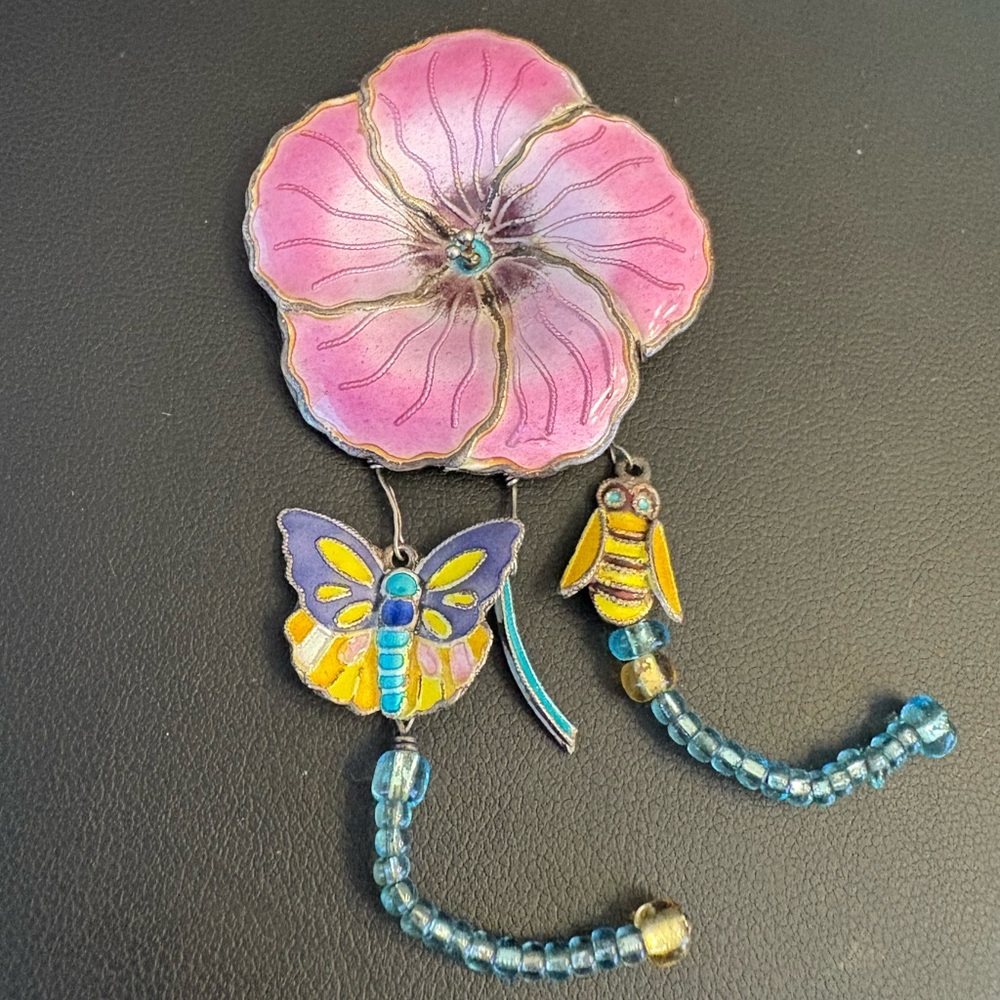 Sterling Silver Pink Enamel Flower Butterfly Insect bee Brooch Pin Art Nouveau